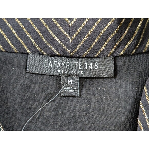 Lafayette 148 Silk Blouse Womens M Black Gold Stripe Sleeveless Bow Luxury - Picture 7 of 11